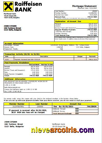 Bulgaria Raiffeisen bank mortgage statement
